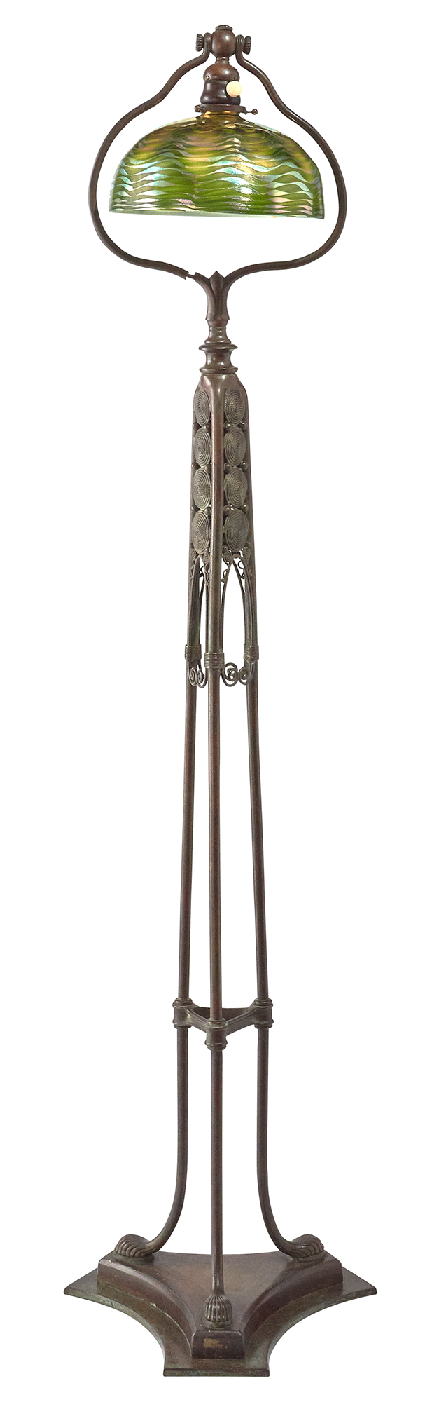 Lot image - Tiffany Studios Bronze and Hand-Blown Green Damascene Favrile Glass Piano Harp Floor Lamp