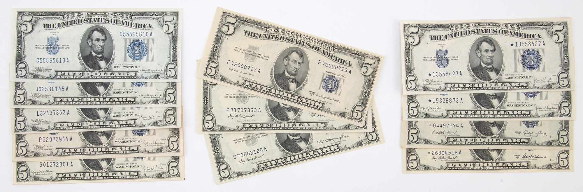 Lot image - United States $5 Silver Certificates 1934 to 1953