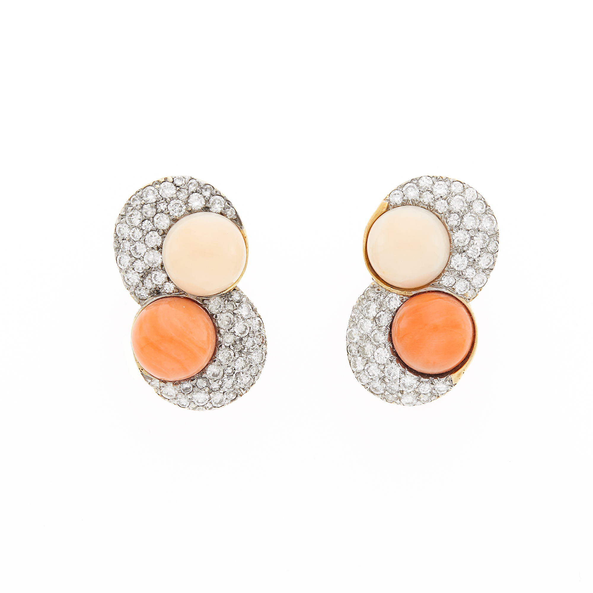 Lot image - Pair of White Gold, Coral and Diamond Earrings