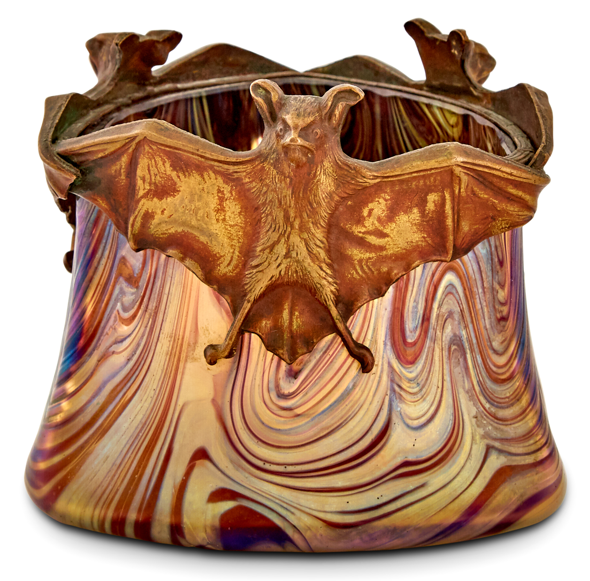 Lot image - Bohemian Art Nouveau Metal-Mounted Glass Bat Vase