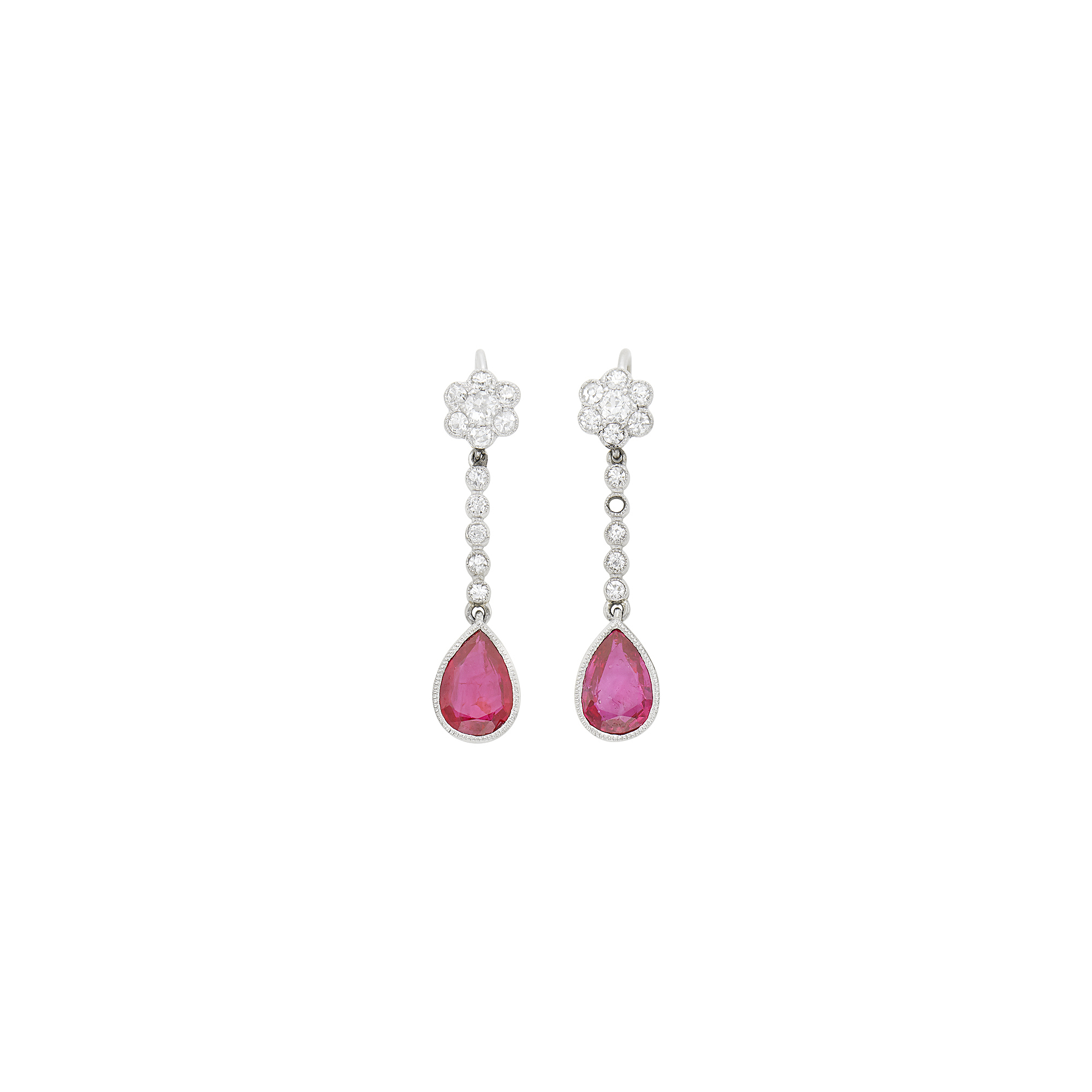 Lot image - Pair of Platinum, Ruby and Diamond Pendant-Earrings