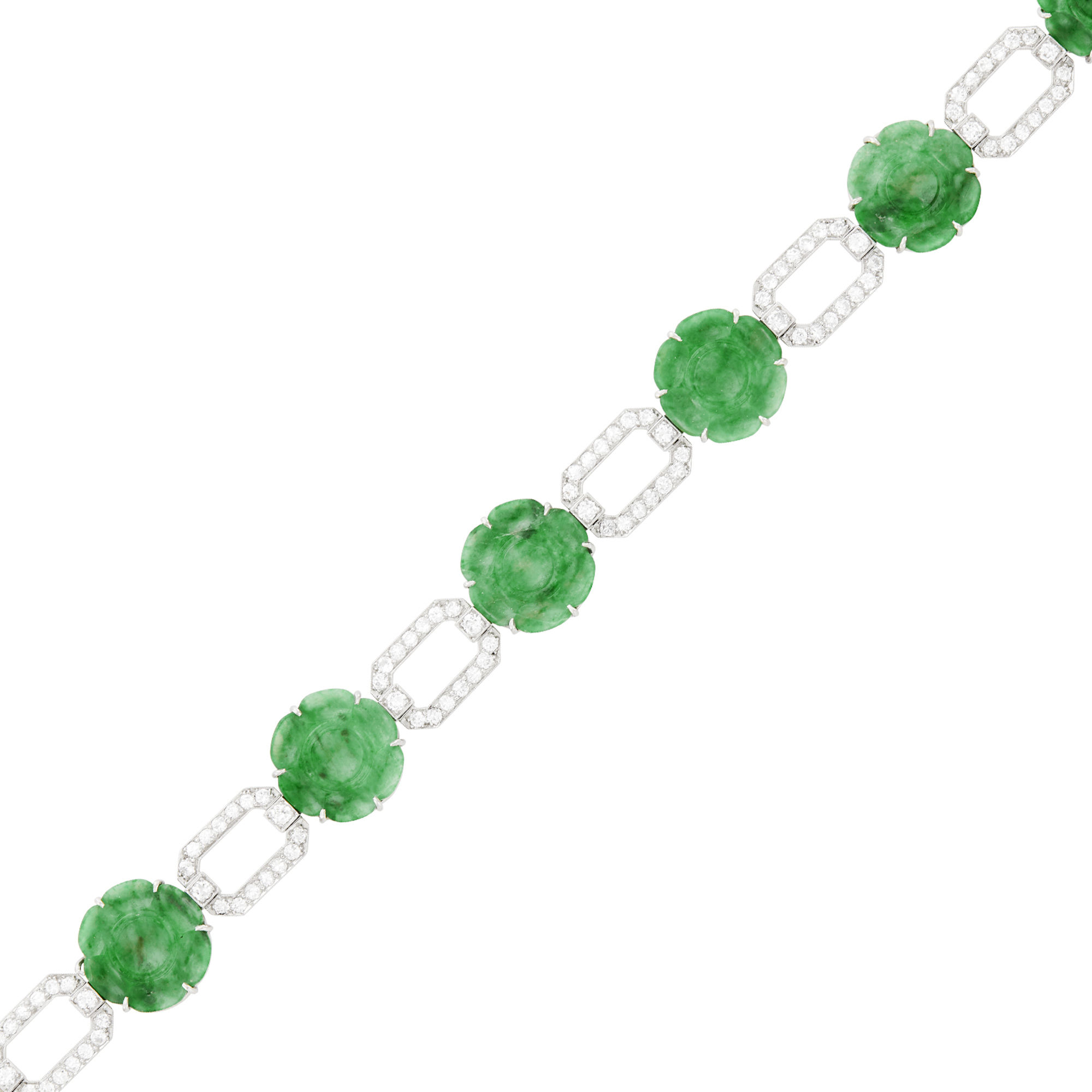 Lot image - Platinum, Carved Jade Flower and Diamond Bracelet