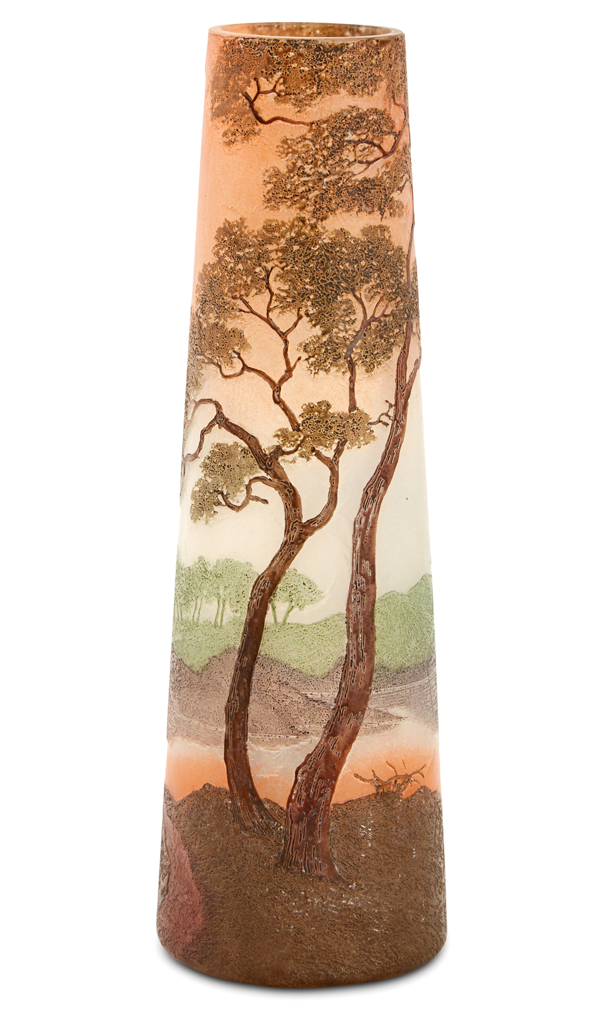 Lot image - Legras Acid-Etched Cameo Glass Sunset Landscape Scene Vase