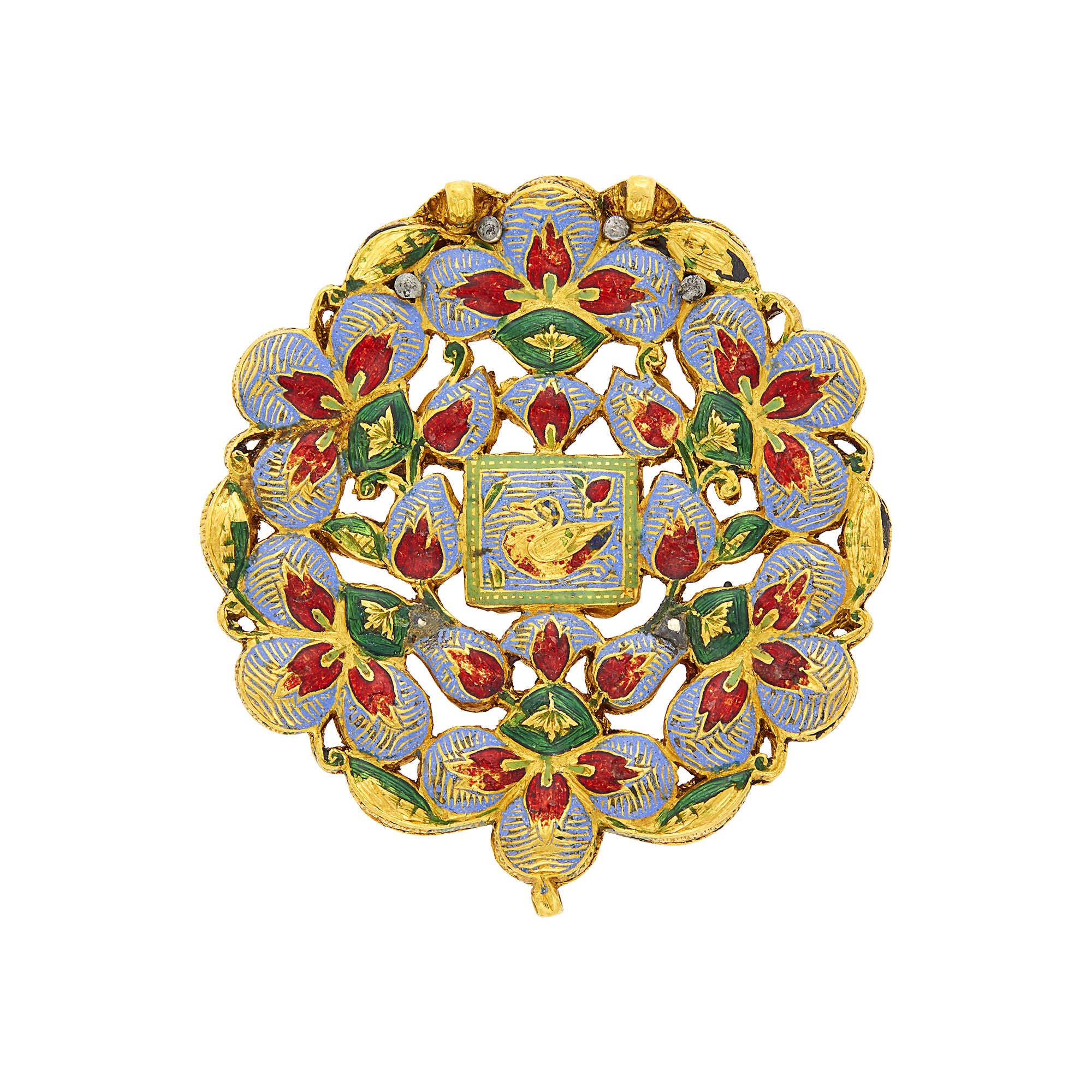 Lot image - Indian Gold, Jaipur Enamel and Foil-Backed Emerald Clip