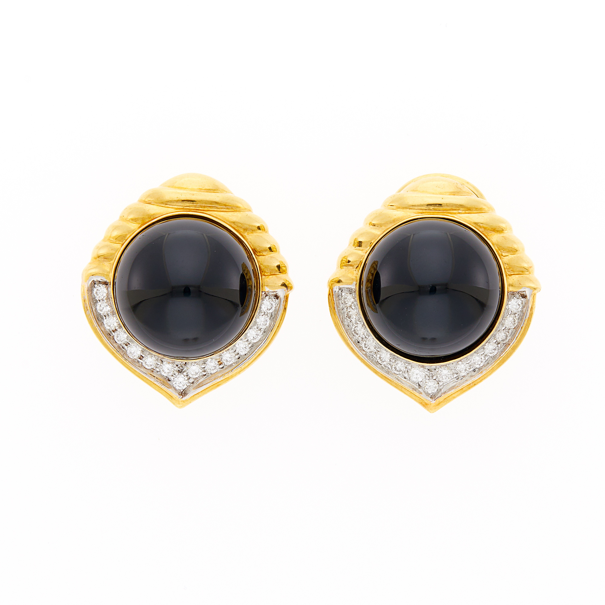 Lot image - Pair of Gold, Black Onyx and Diamond Earclips with Interchangeable  Hardstone Centers