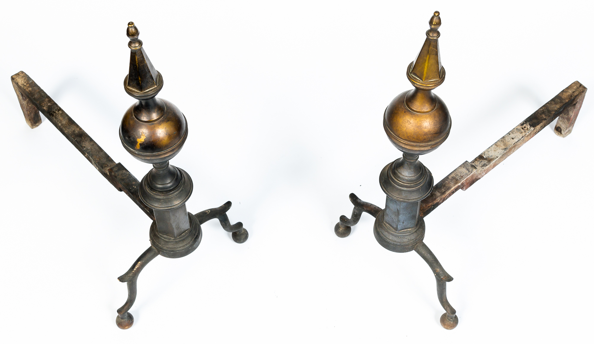 Lot image - Pair of Federal Brass Steeple Top Andirons