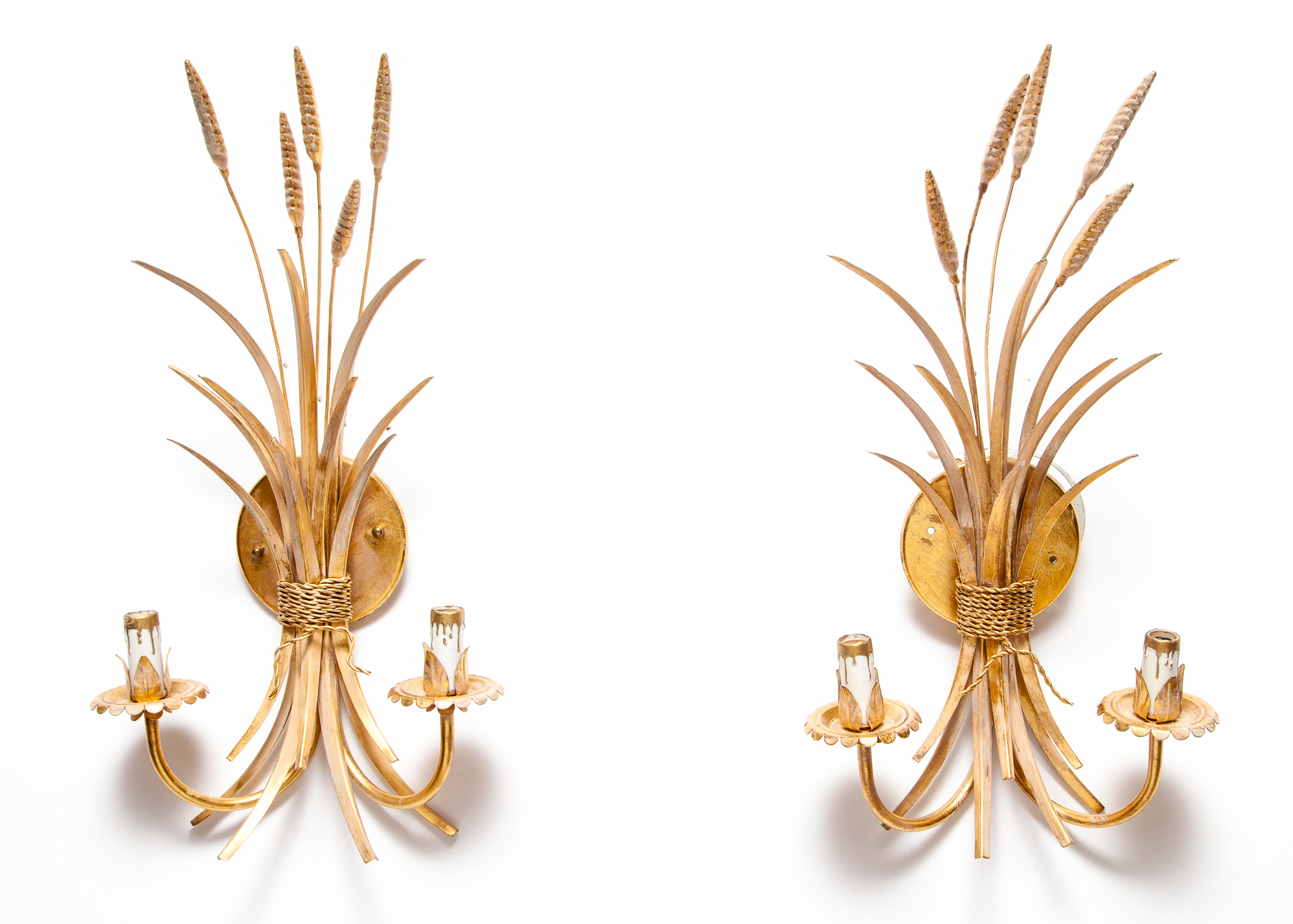 Lot image - Pair of Gilt-Metal Two-Light Wheat-Sheaf Sconces