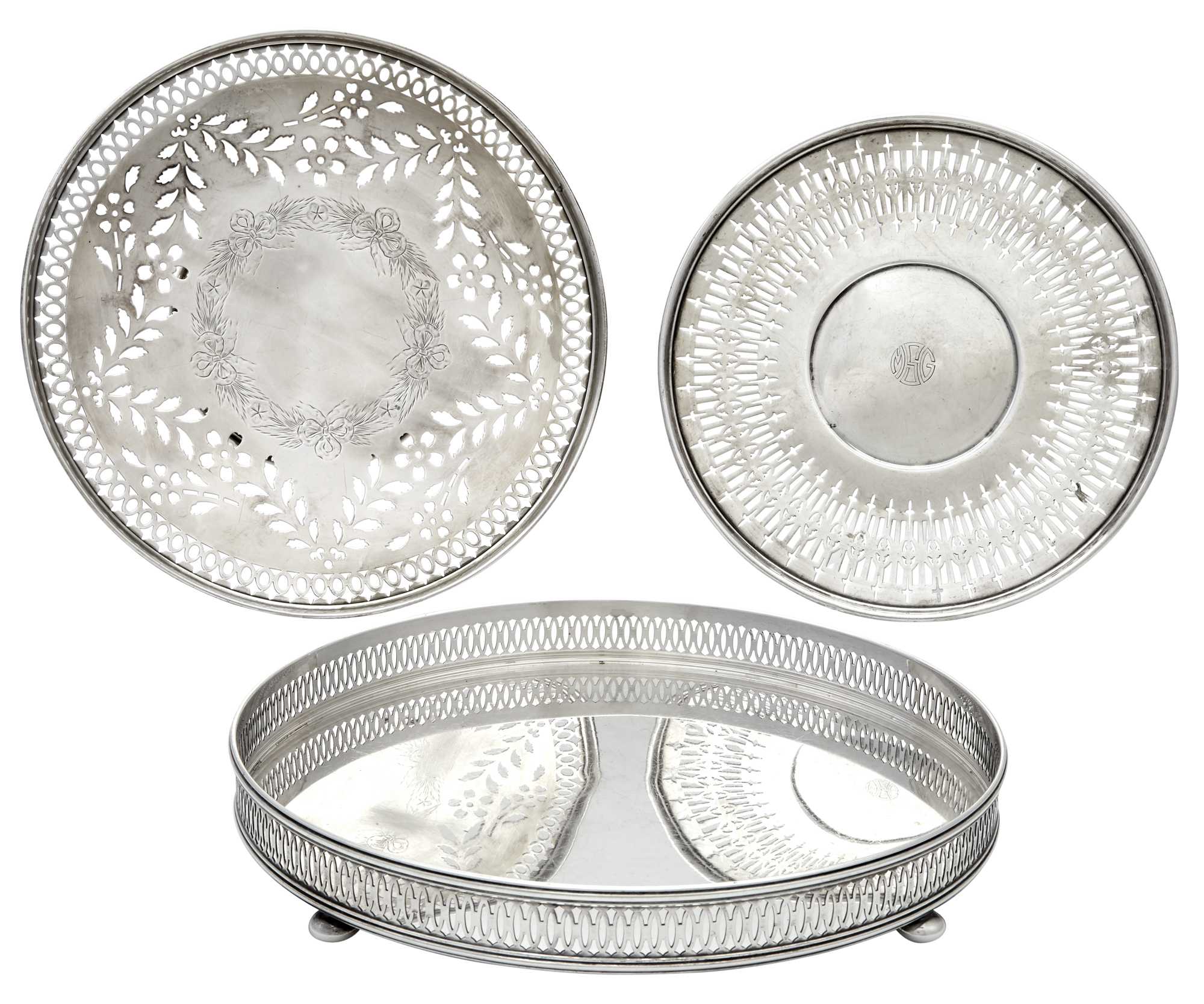 Lot image - American Sterling Silver Gallery Tray and Two American Sterling Silver Cake Plates