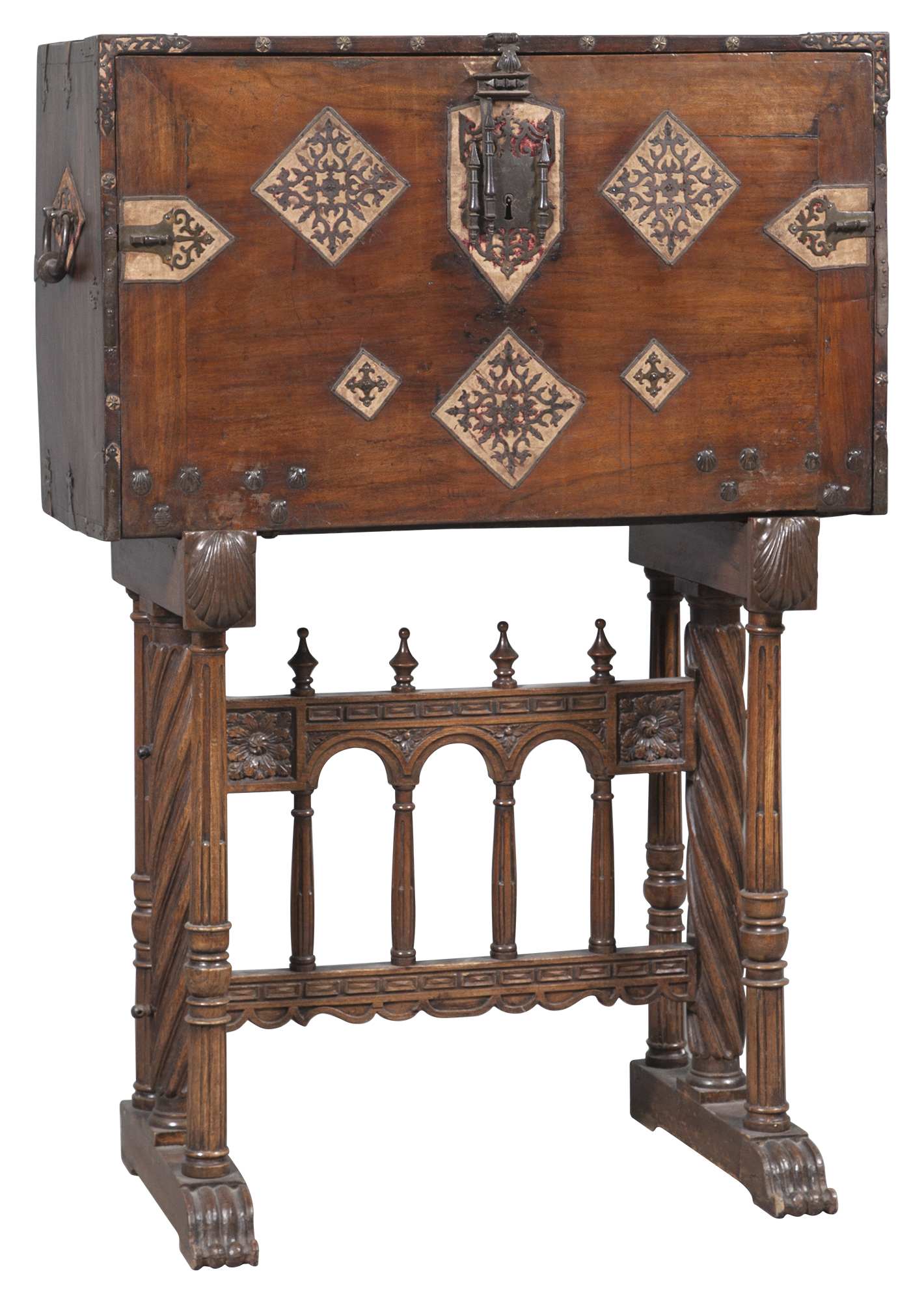 Lot image - Spanish Parcel-Gilt Walnut Vagueno on Later Stand
