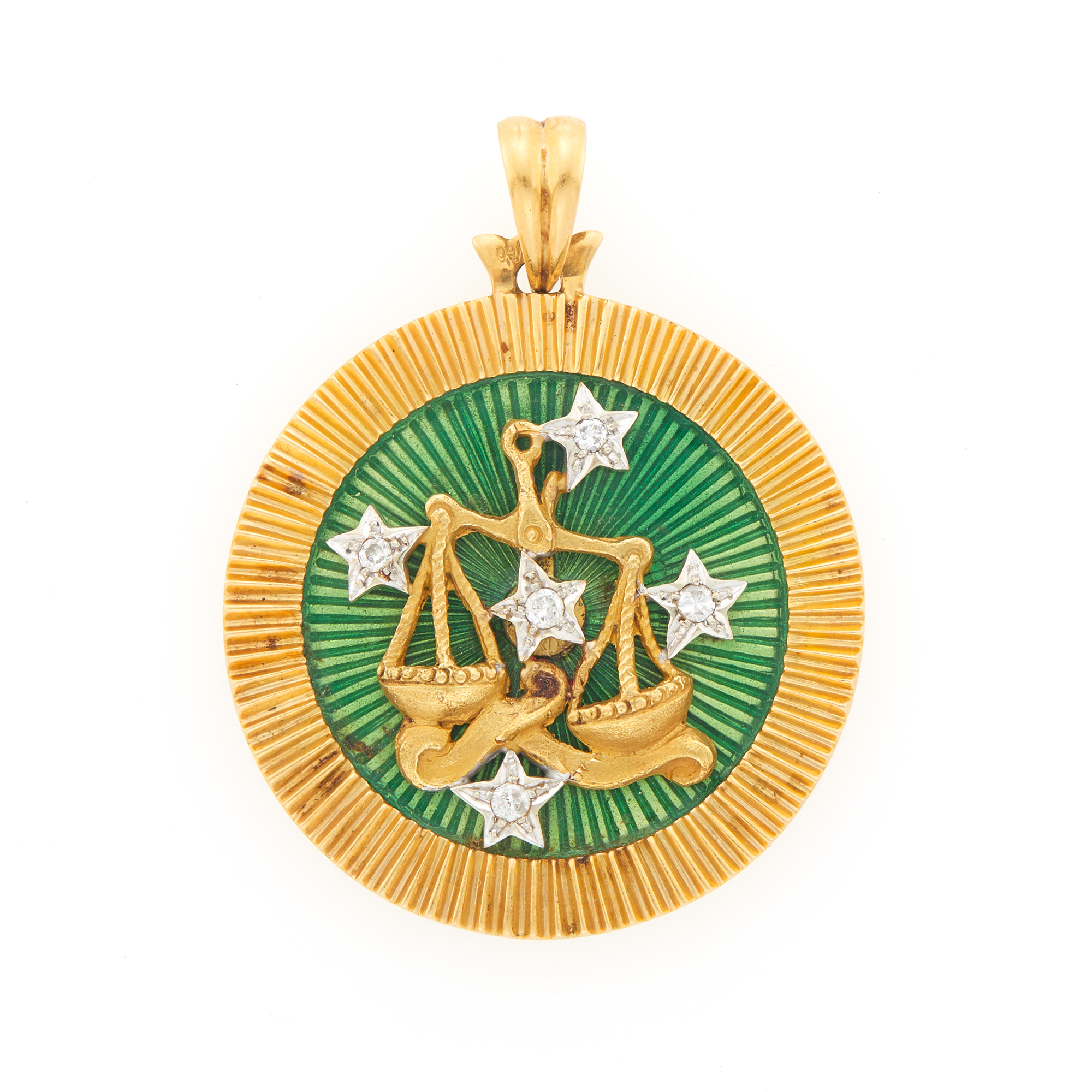 Lot image - Two-Color Gold, Green Enamel and Diamond Libra Pendant
