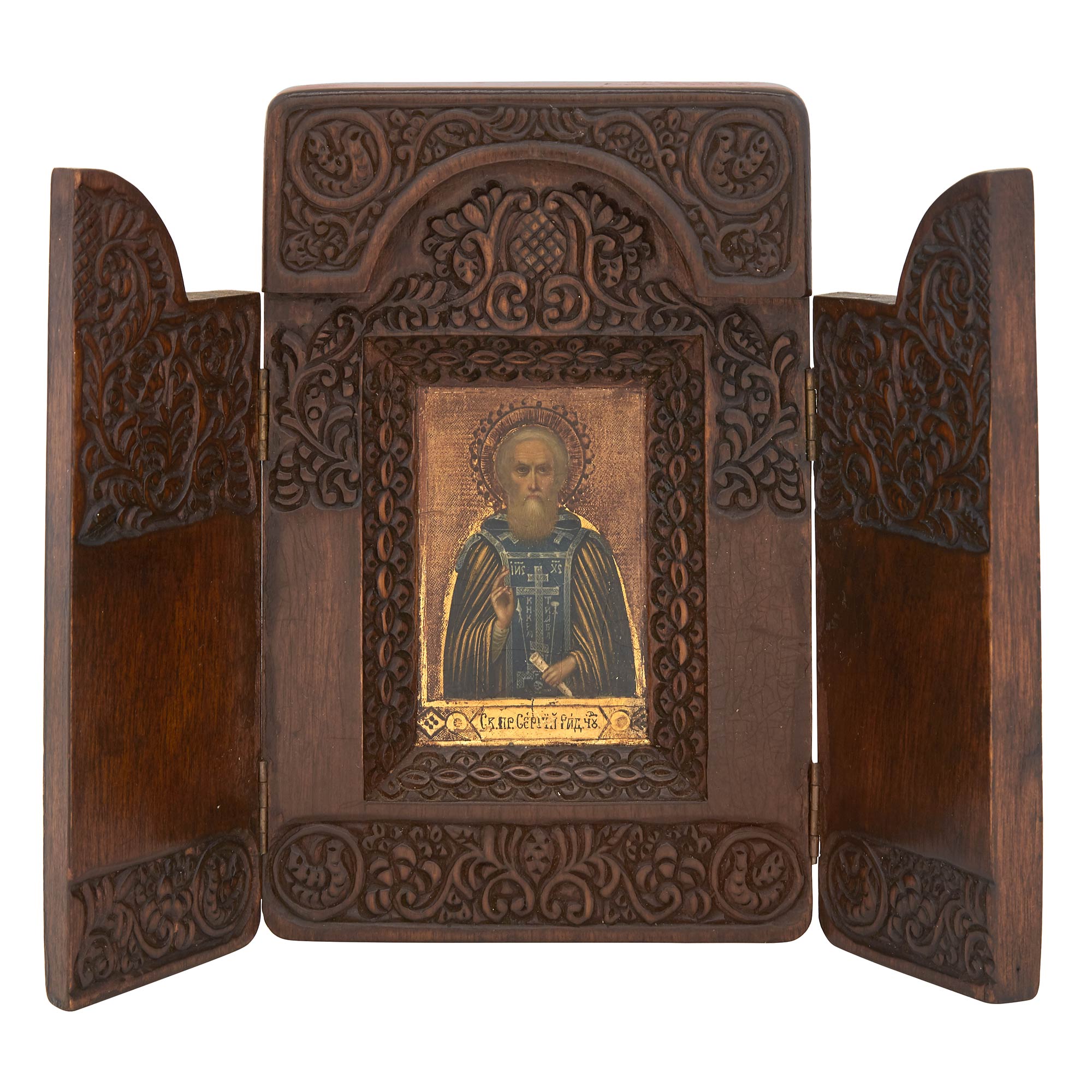 Lot image - Russian Carved Wood Triptych Icon of St. Sergius of Radonezh