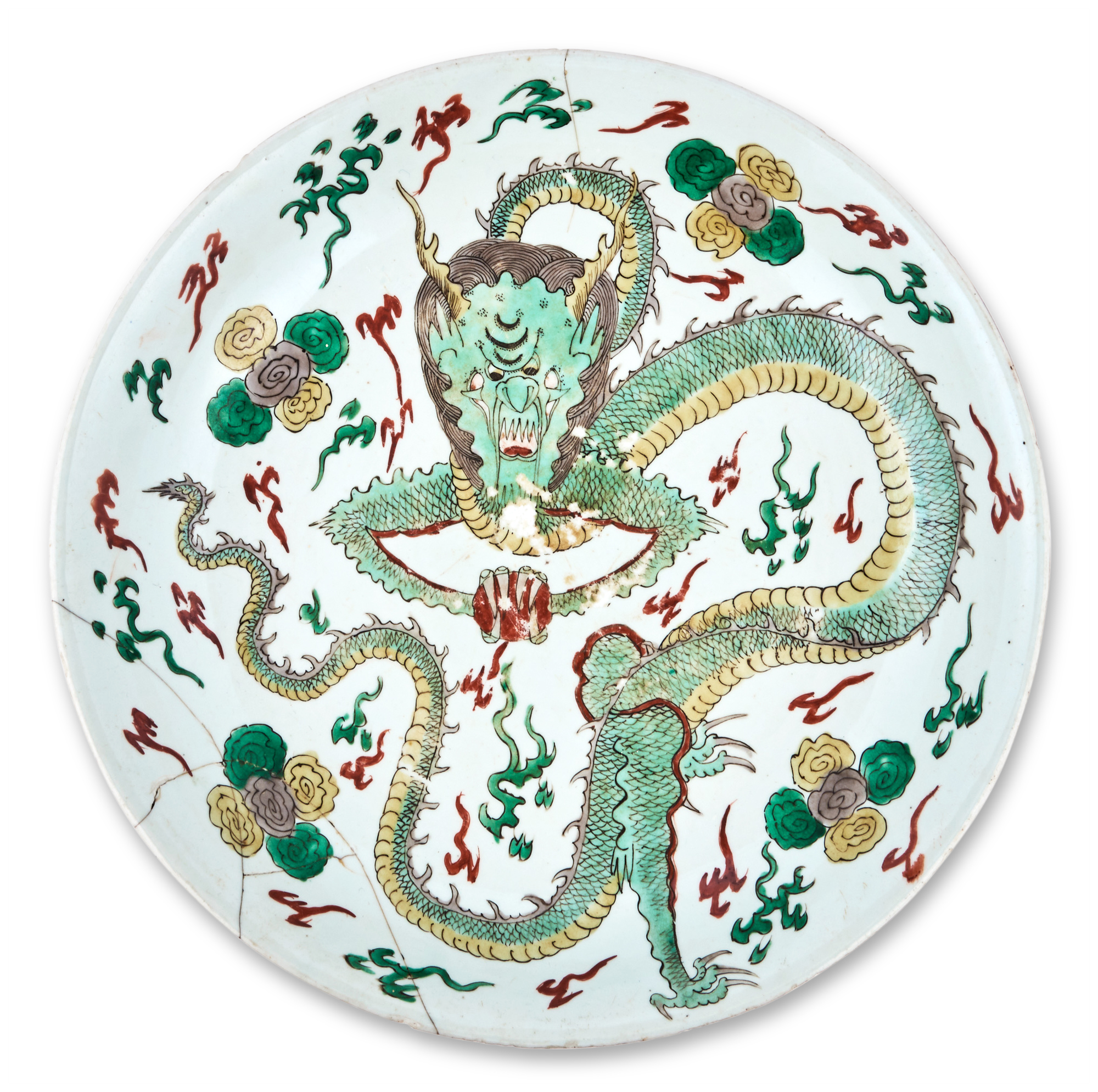 Lot image - A Chinese Enameled Porcelain Dragon Charger