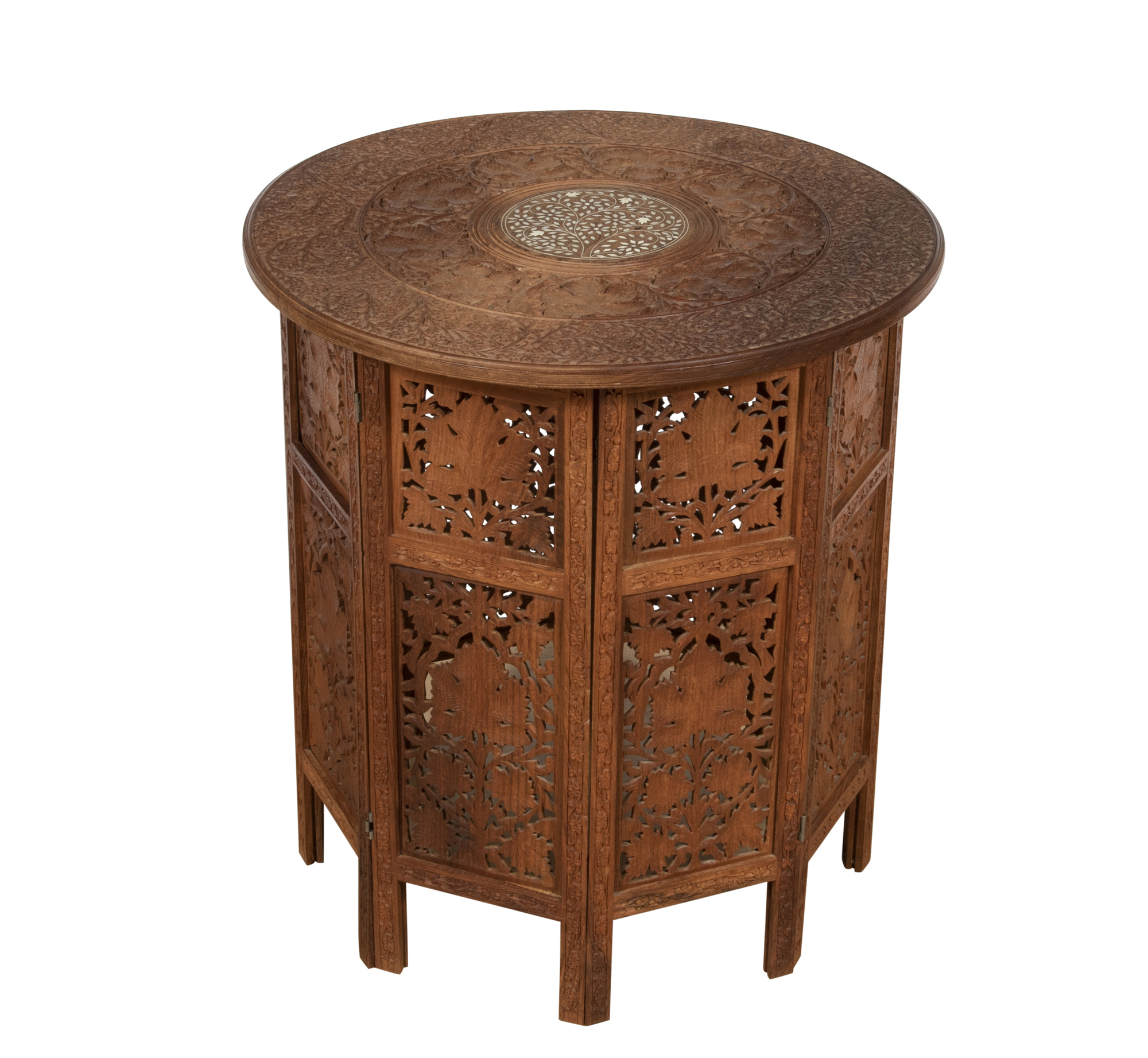 Lot image - North African Bone Inlaid Carved Wood Octagonal Side Table