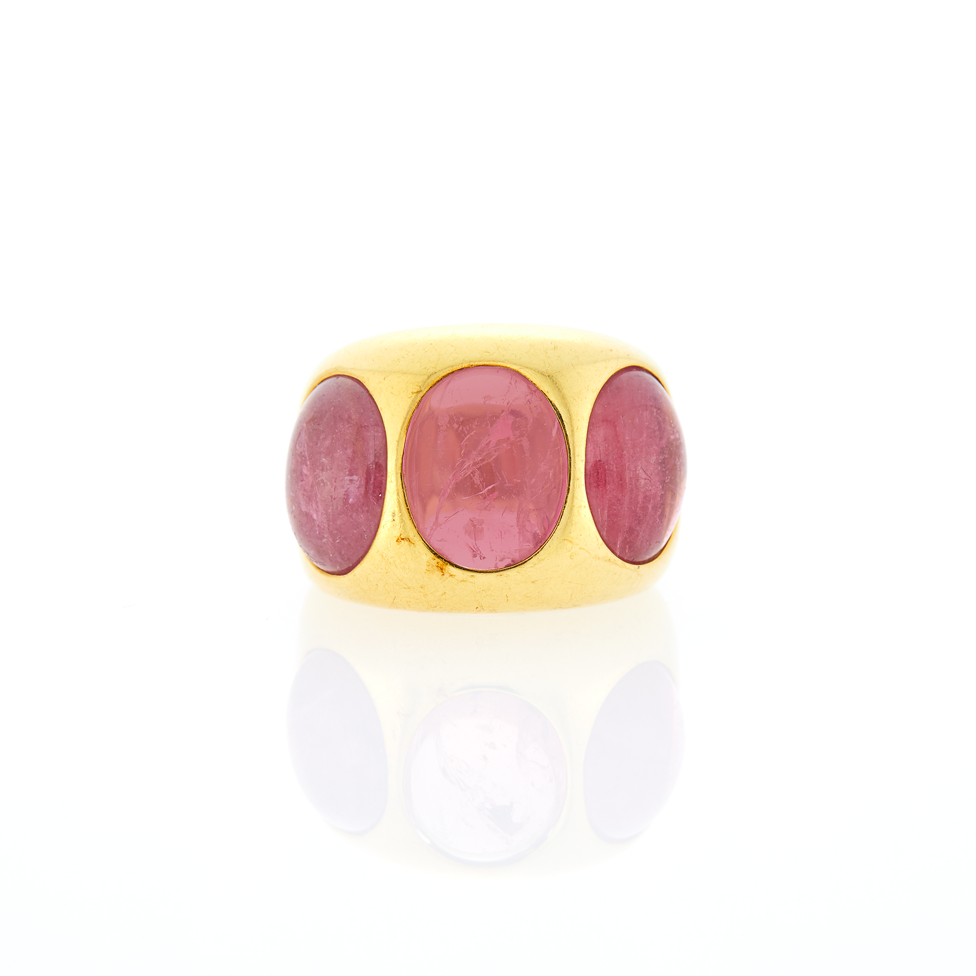 Lot image - Wide Gold and Cabochon Pink Tourmaline Gypsy Ring