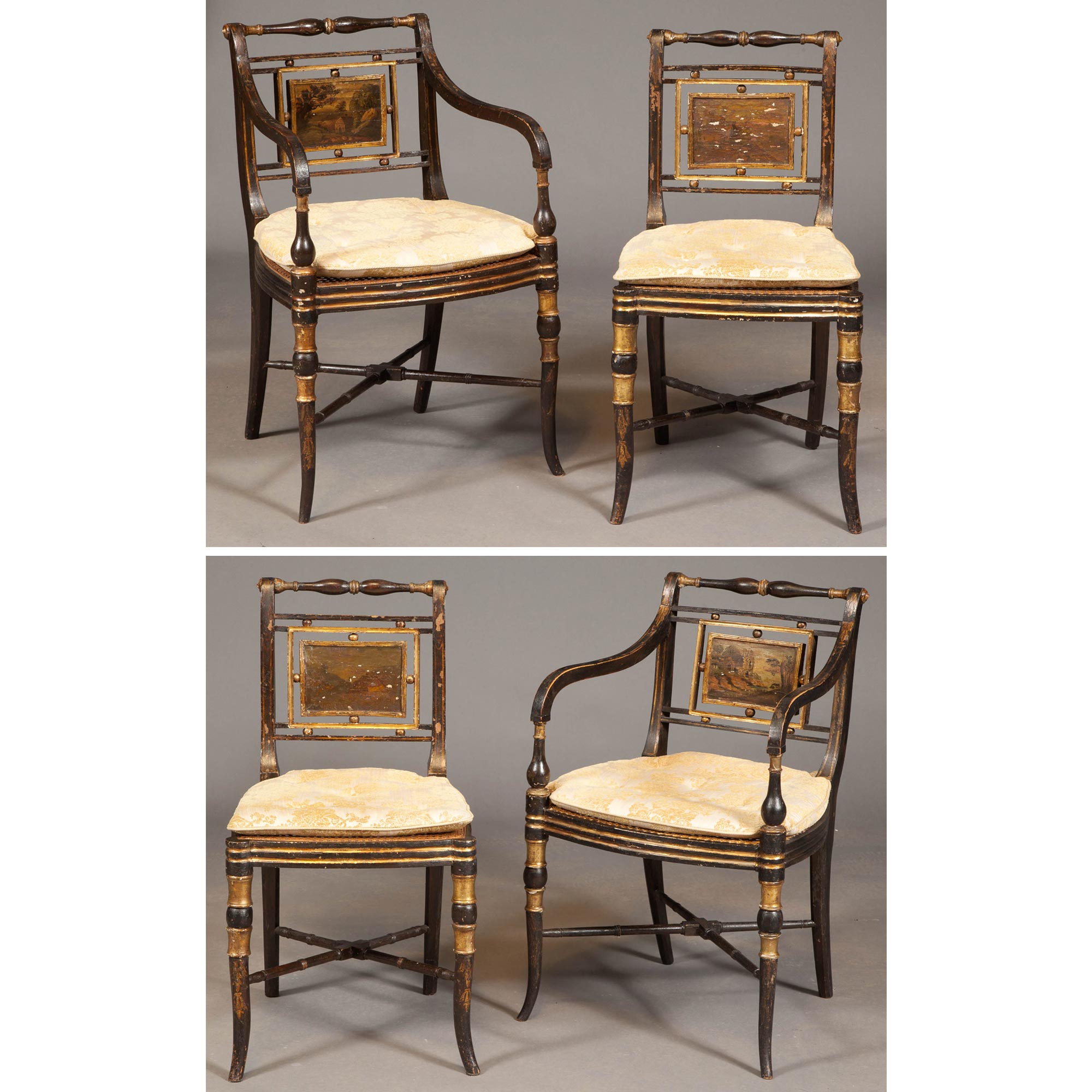Lot image - Set of Four Regency Painted, Parcel-Gilt and Caned Dining Chairs