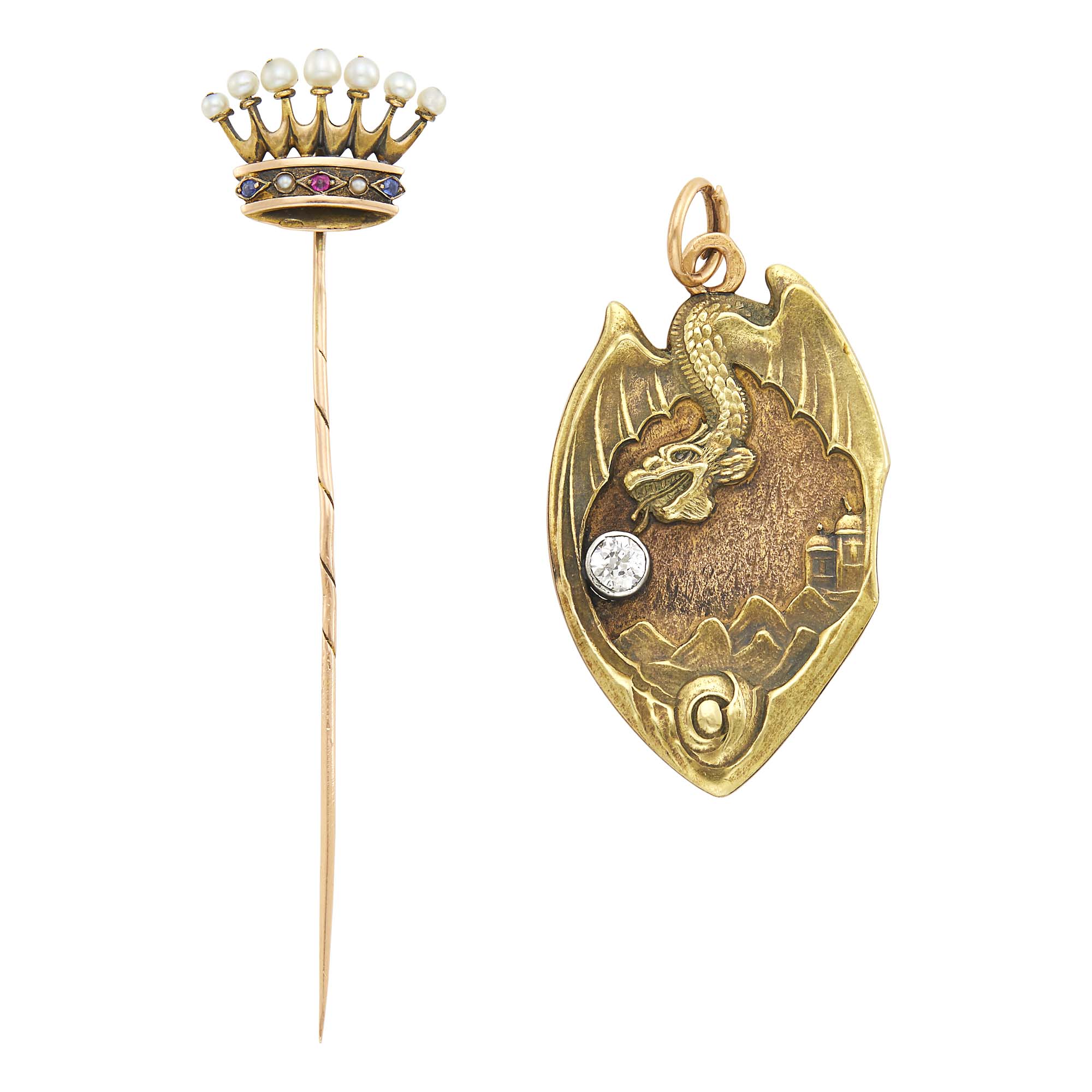 Lot image - Russian Jeweled Gold Pendant and Stick Pin