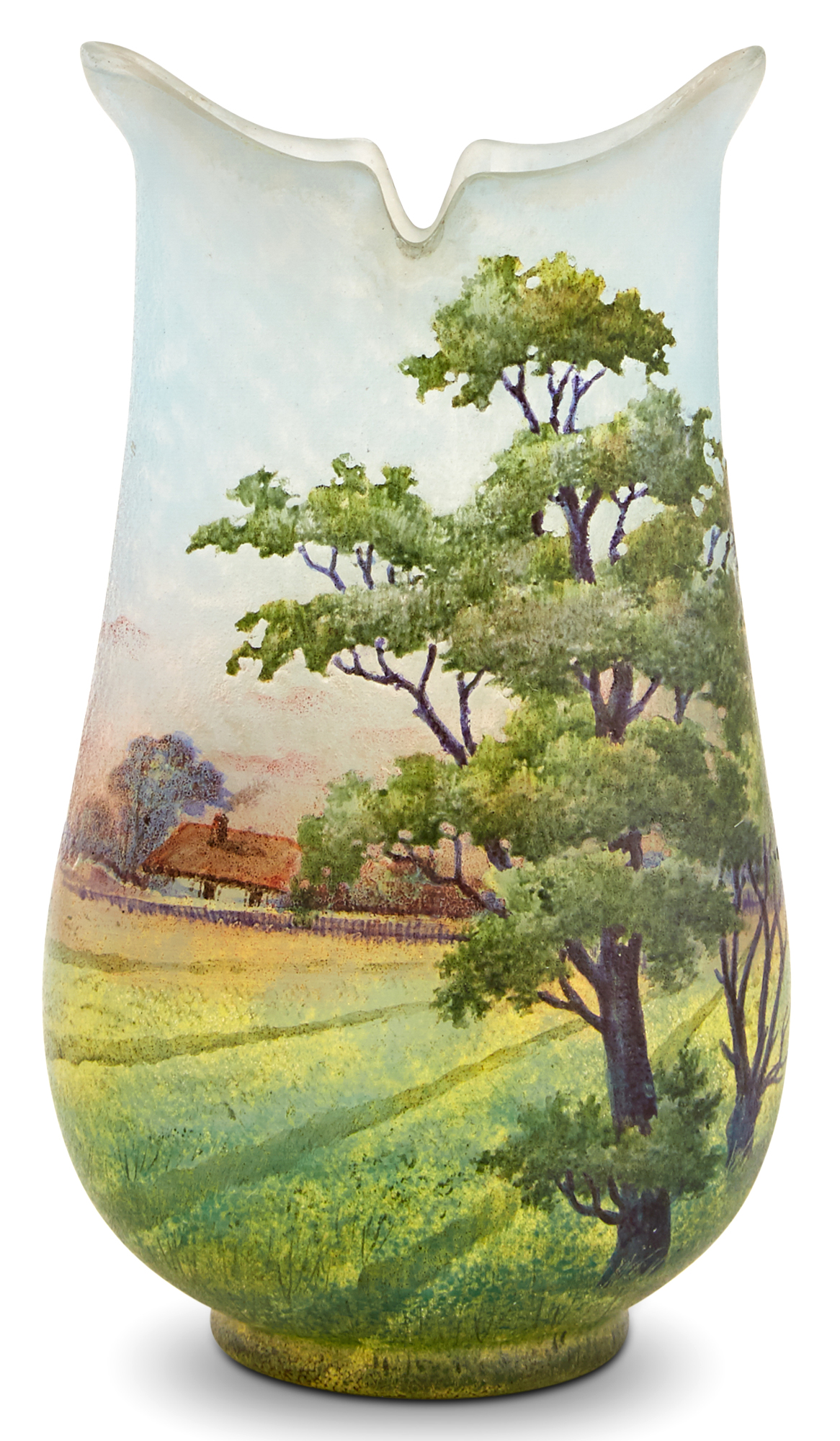 Lot image - Daum Art Nouveau Acid-Etched and Enameled Glass Spring Landscape Scene Cabinet Vase