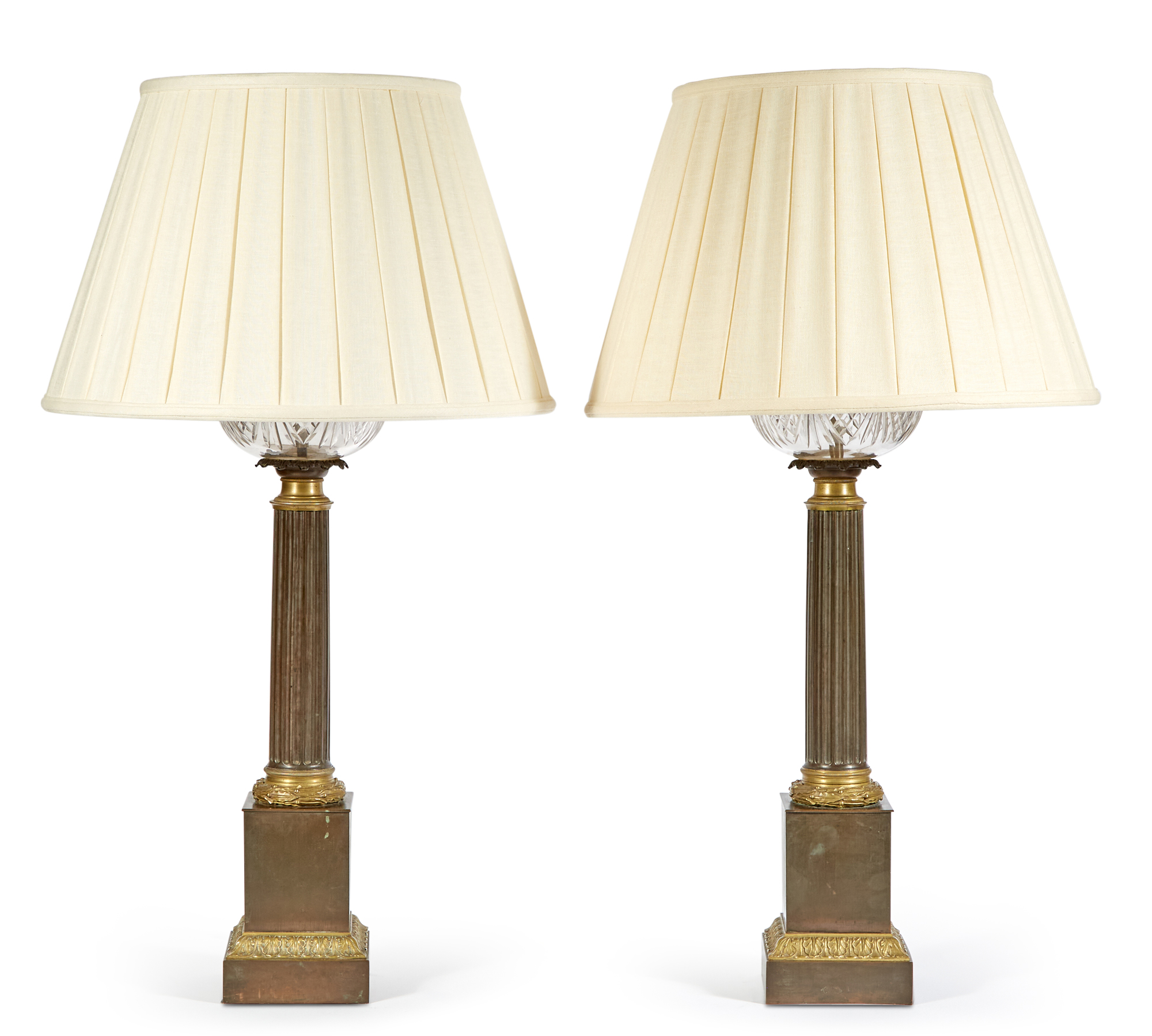 Lot image - Pair of Patinated Metal and Glass Fluid Lamps