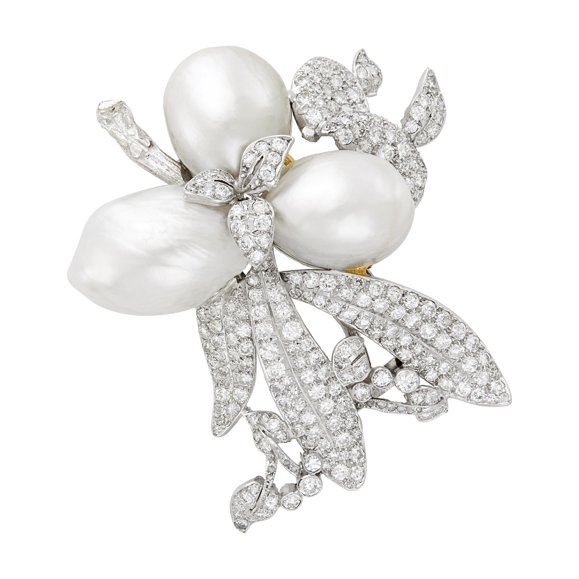 Lot image - Seaman Schepps Platinum, White Gold, South Sea Baroque Cultured Pearl and Diamond Clip-Brooch