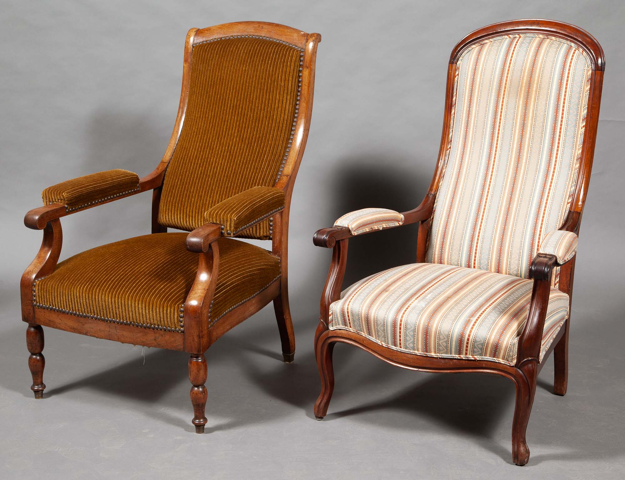 Lot image - Two Louis Philippe Upholstered Walnut Open Armchairs