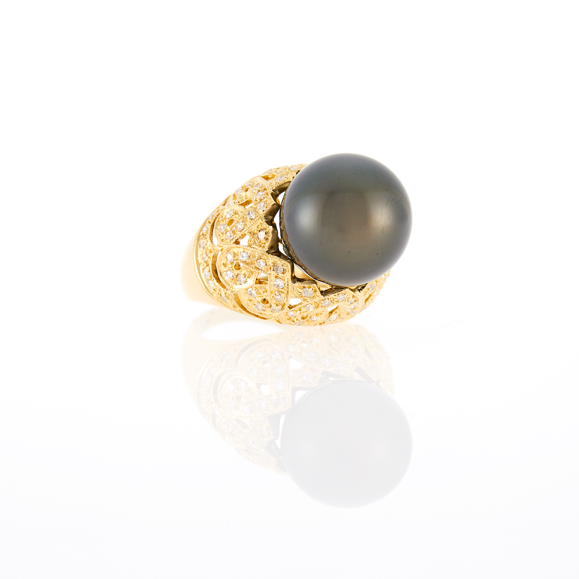 Lot image - Gold, Black Cultured Pearl and Diamond Ring