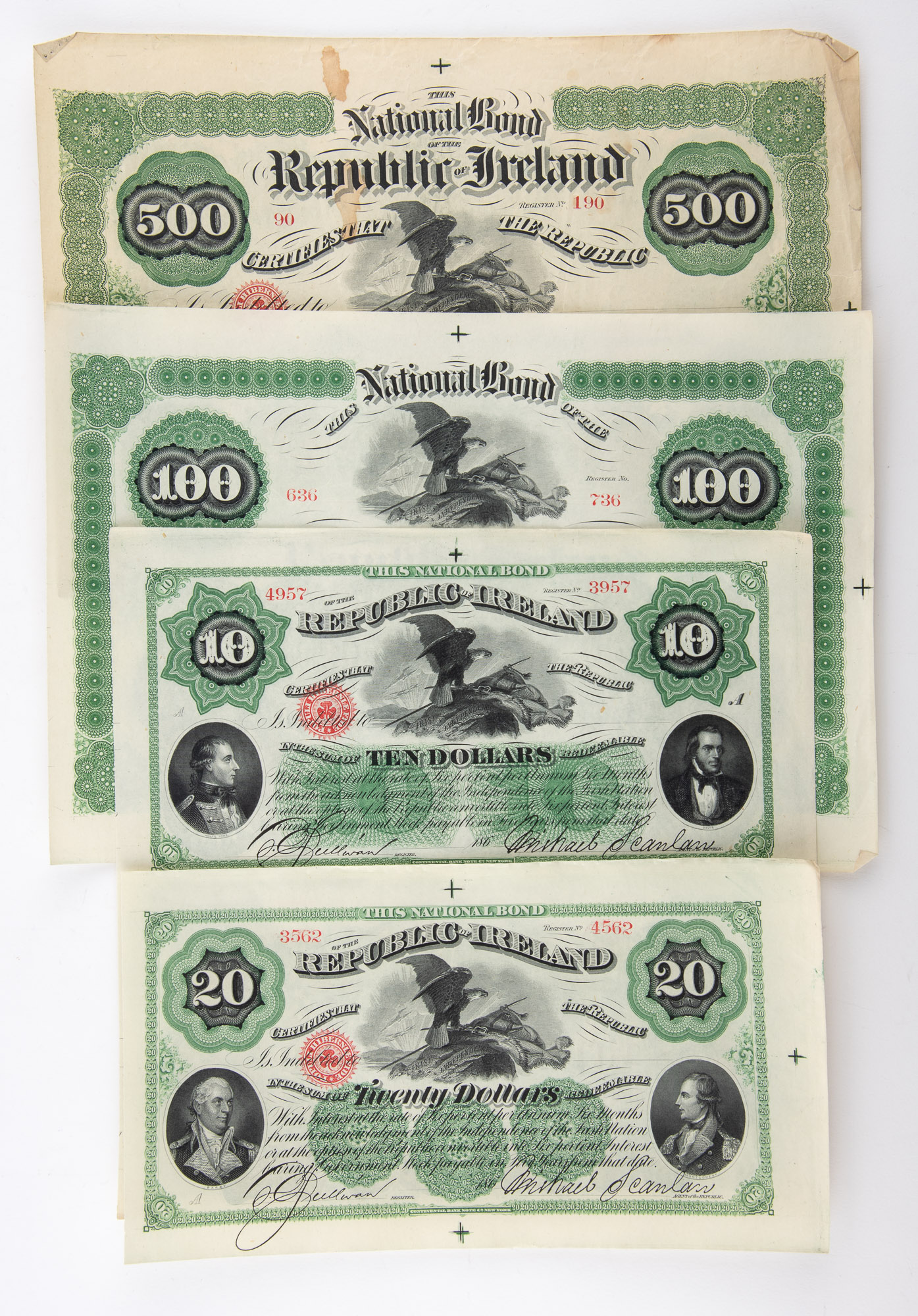 Lot image - Republic of Ireland Fenian Brotherhood Bonds $10 to $500 Denominations