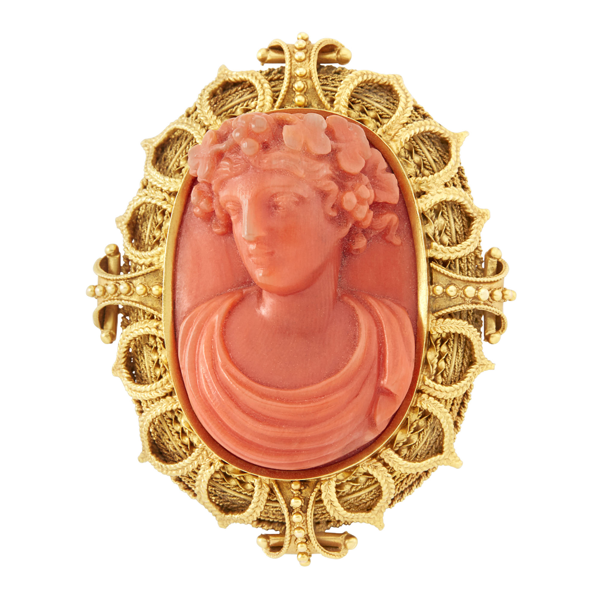 Lot image - Gold and Carved Coral Cameo Brooch