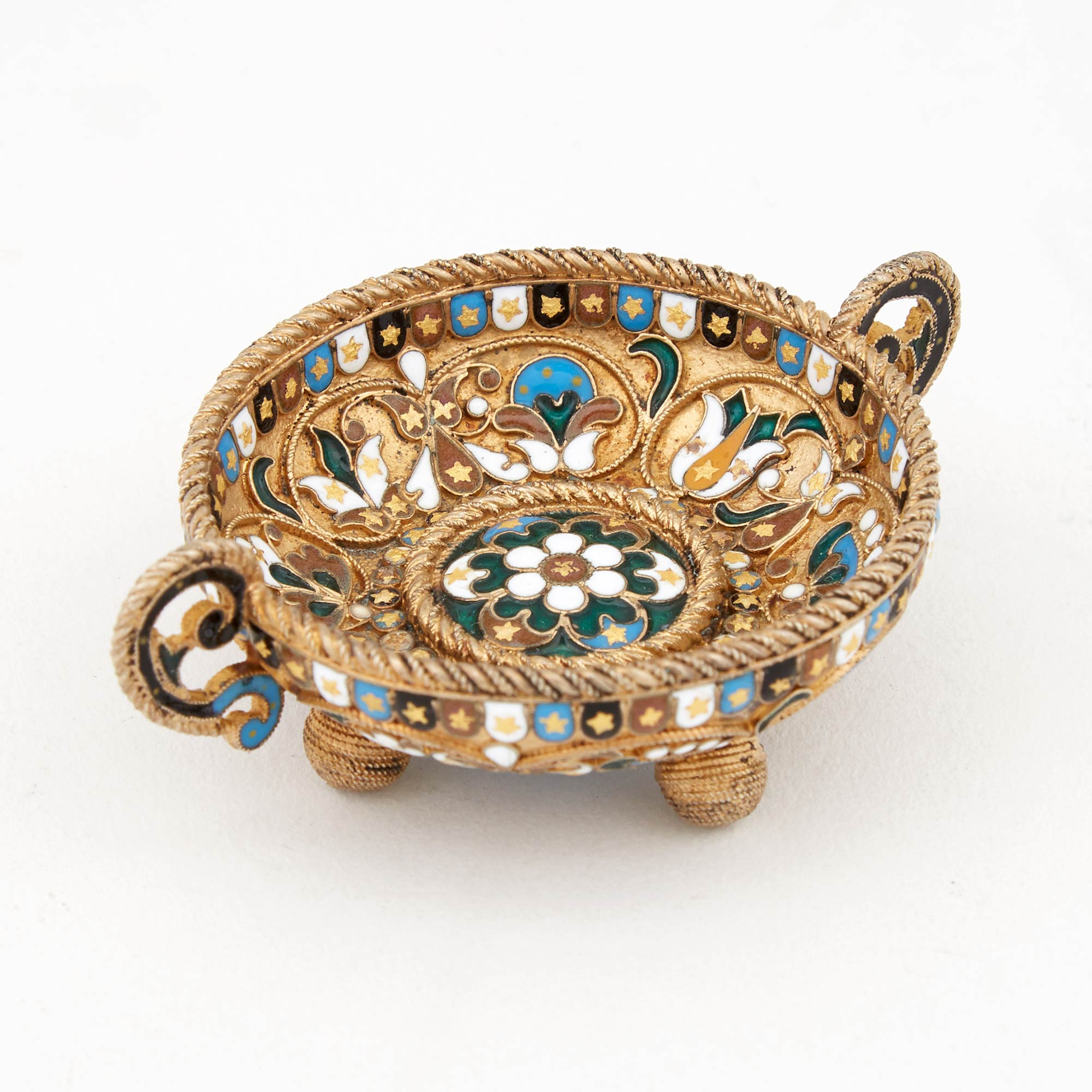 Lot image - Russian Silver-Gilt and Cloisonné Enamel Handled Bowl