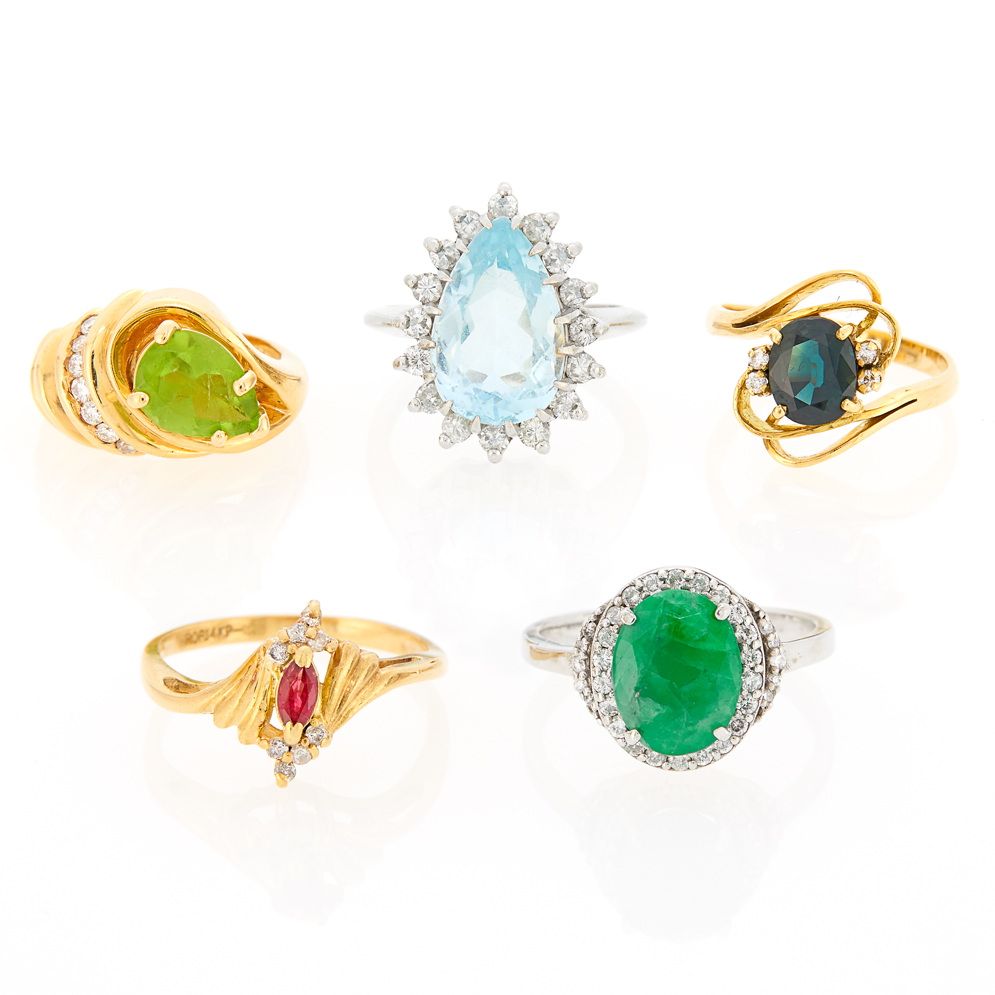 Lot image - Five Yellow and White Gold, Gem-Set and Diamond Rings