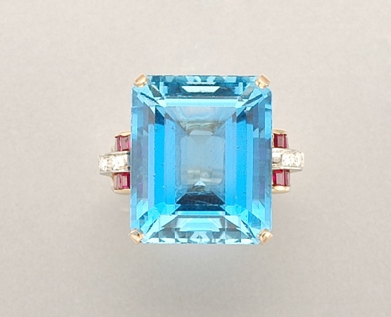 Lot image - Gold, Aquamarine, Ruby and Diamond Ring