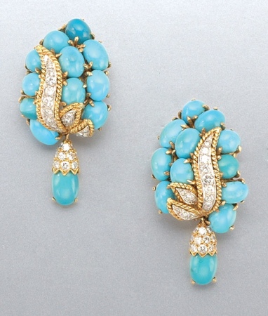 Lot image - Pair of Turquoise and Diamond Pendant Earclips