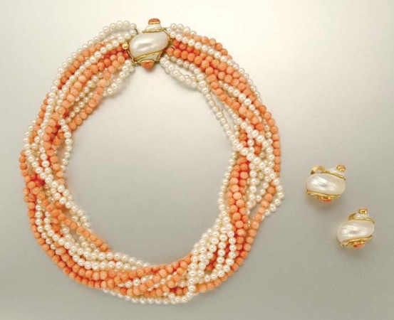 Lot image - Ten Strand Cultured Pearl and Coral Bead Torsade Necklace with Shell and Coral Clasp and Pair of Earclips