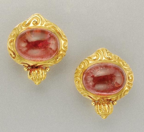 Lot image - Pair of Gold and Cabochon Pink Tourmaline Earclips