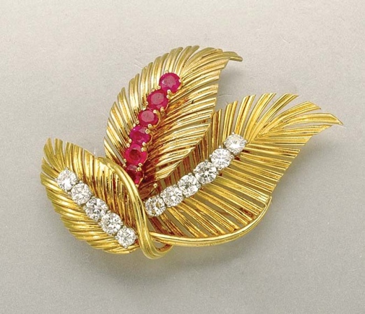 Lot image - Gold, Ruby and Diamond Leaf Brooch
