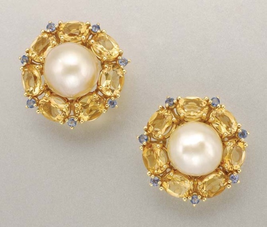 Lot image - Pair of Three-Quarter Cultured Pearl, Citrine and Sapphire Earclips