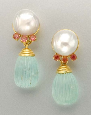 Lot image - Pair of Gold, Three-Quarter Cultured Pearl, Pink Tourmaline and Carved Emerald Pendant Earrings
