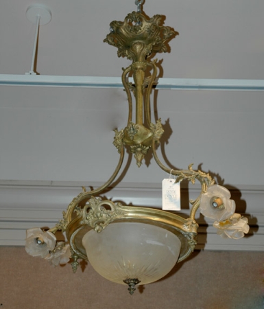 Lot image - Victorian Style Gilt-Metal and Frosted Glass Five-Light Chandelier