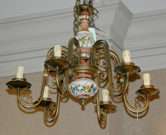 Lot image - Scrolled Iron and Ceramic Six-Light Chandelier