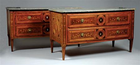 Lot image - Pair of Italian Neoclassical Marquetry Inlaid Walnut Commodes