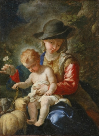 Lot image - French School 18th Century Madonna and Child with Lambs in a Landscape