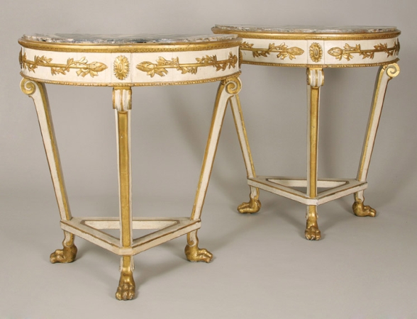 Lot image - Fine Pair of Italian Neoclassical Painted and Parcel Gilt Consoles