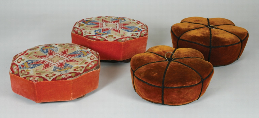 Lot image - Pair of Needlework Footstools; Together with a Pair of Velvet Footstools