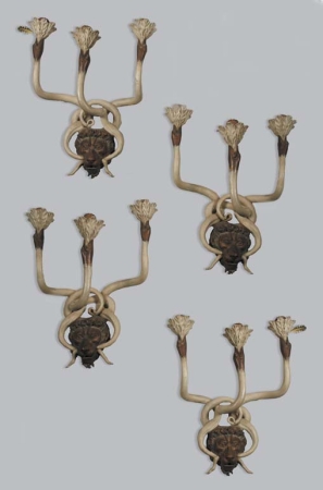 Lot image - Set of Four Regency Style Painted and Parcel Gilt Three-Light Sconces