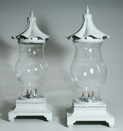 Lot image - Pair of Chinese Style Gray Painted Three-Light Lanterns