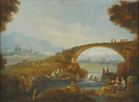 Lot image - Manner of Zuccarelli Landscape with a Bridge
