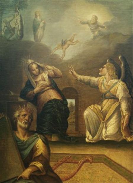 Lot image - Italian Provincial School 17th Century Annunciation with King David, Adam and Eve and other Biblical Figures