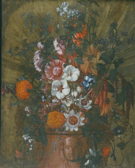 Lot image - Flemish School 17th Century Floral Still Life in a Scalloped Niche
