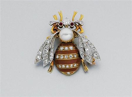 Lot image - Diamond, Cultured Pearl and Enamel Insect Brooch