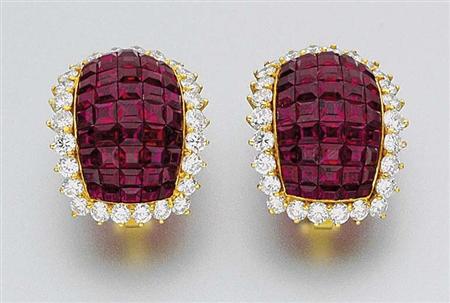Lot image - Pair of Ruby and Diamond Bombe Earclips