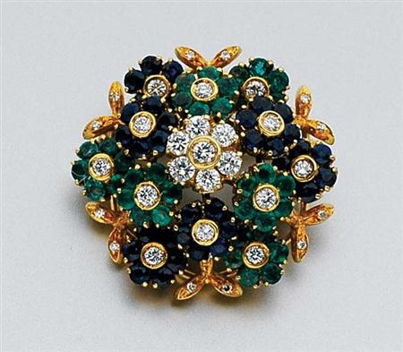 Lot image - Gold, Emerald, Sapphire and Diamond Brooch